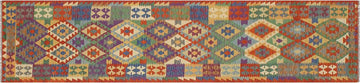 Flat Weave Kilim, Antique, Navaho, Vintage, Handmade, Geometric Kilim Rust Blue Hand-Woven Runner 100% Wool Area Rug 3 x 13